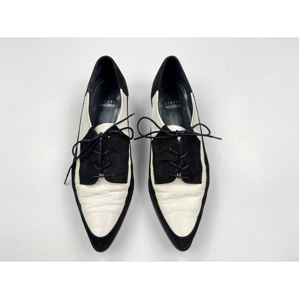 Stuart Weitzman Derbies Flats Women 7.5M Pointed Toe Lace-up Black White